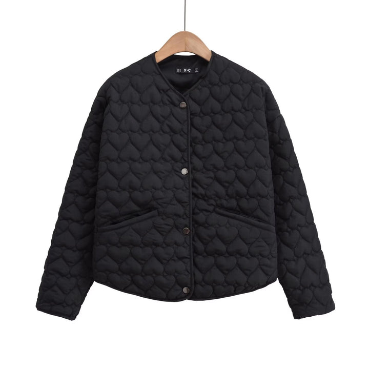 Women Quilted Short Jacket with Heart Quilting, Round Neckline and Snap Buttons