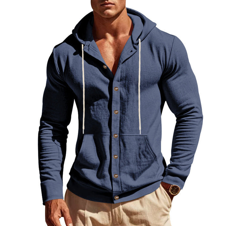 Men's Lightweight Hoodie Cardigan with Full Button Placket, Slim Fit and Kangaroo Pocket