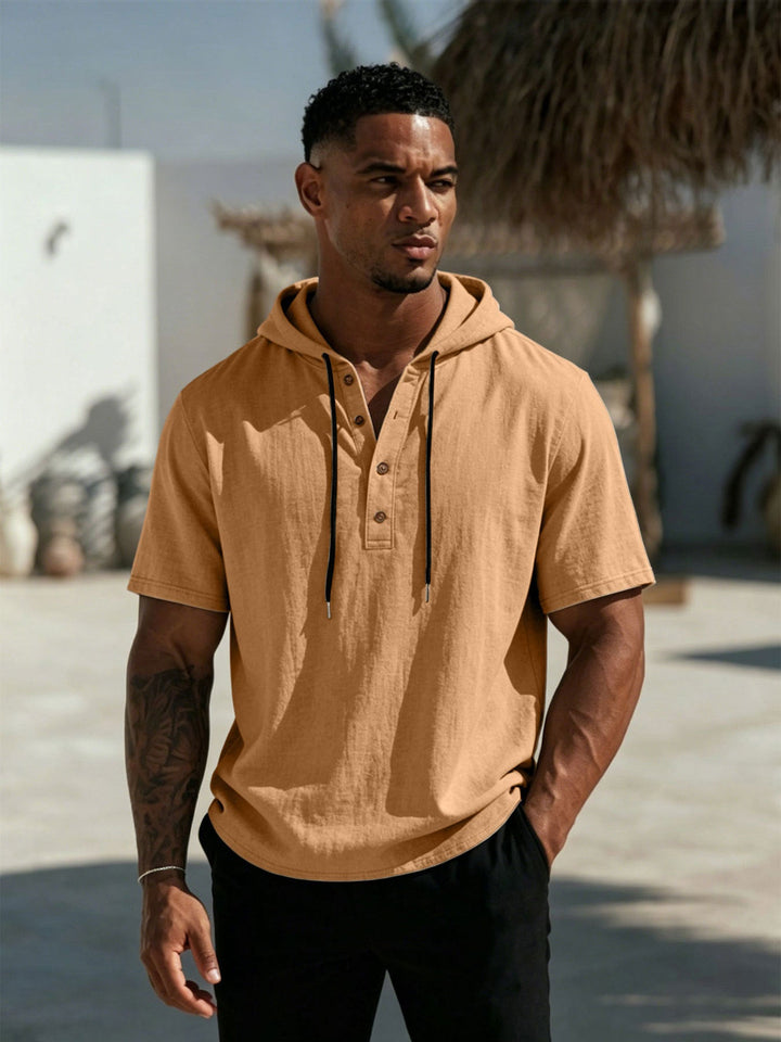 Men's Short Sleeve Hoodie Henley in Linen Look with Button Placket
