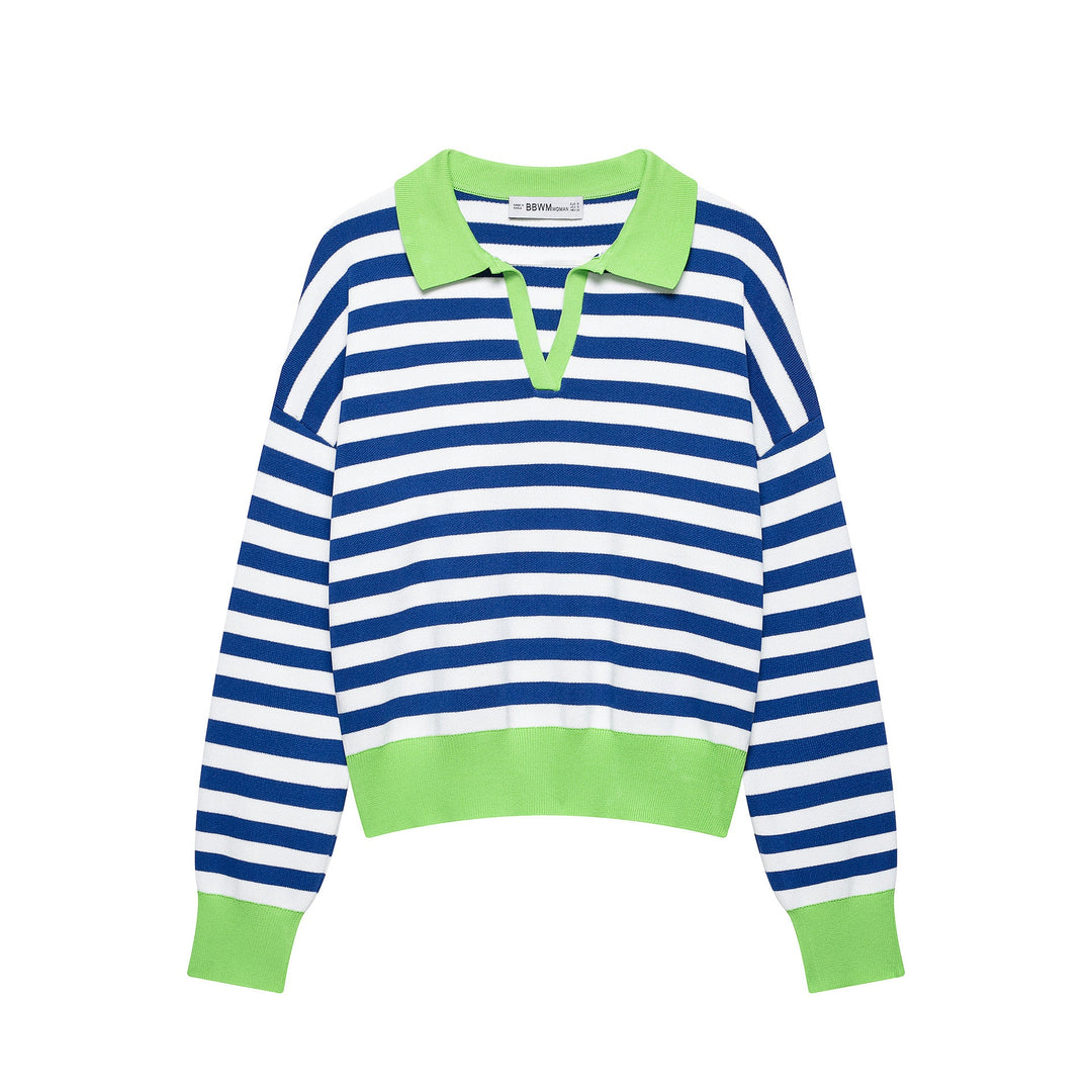 Women's Striped Cropped Polo Sweater in Fine Knit with Balloon Sleeves