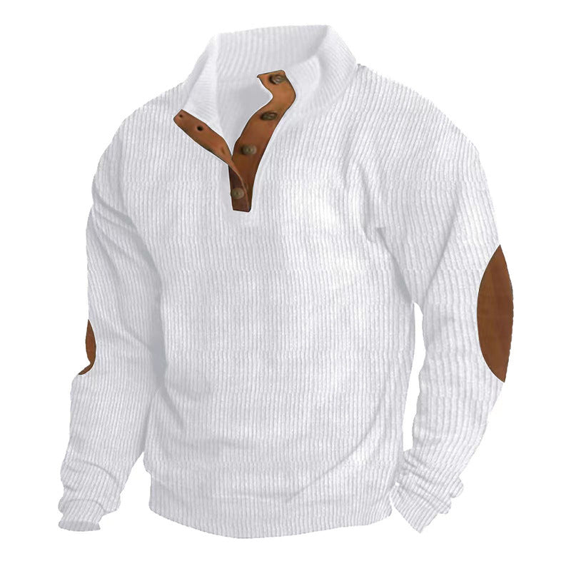 Men's Ribbed Henley Sweater with Stand Collar, Button Placket & Leather Elbow Patches