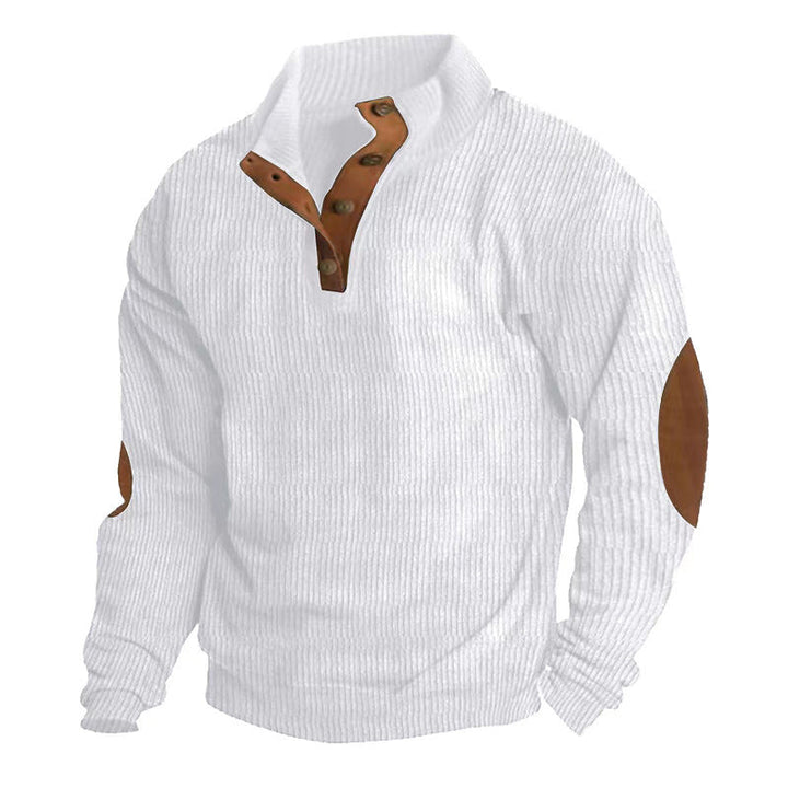 Men's Ribbed Henley Sweater with Stand Collar, Button Placket & Leather Elbow Patches