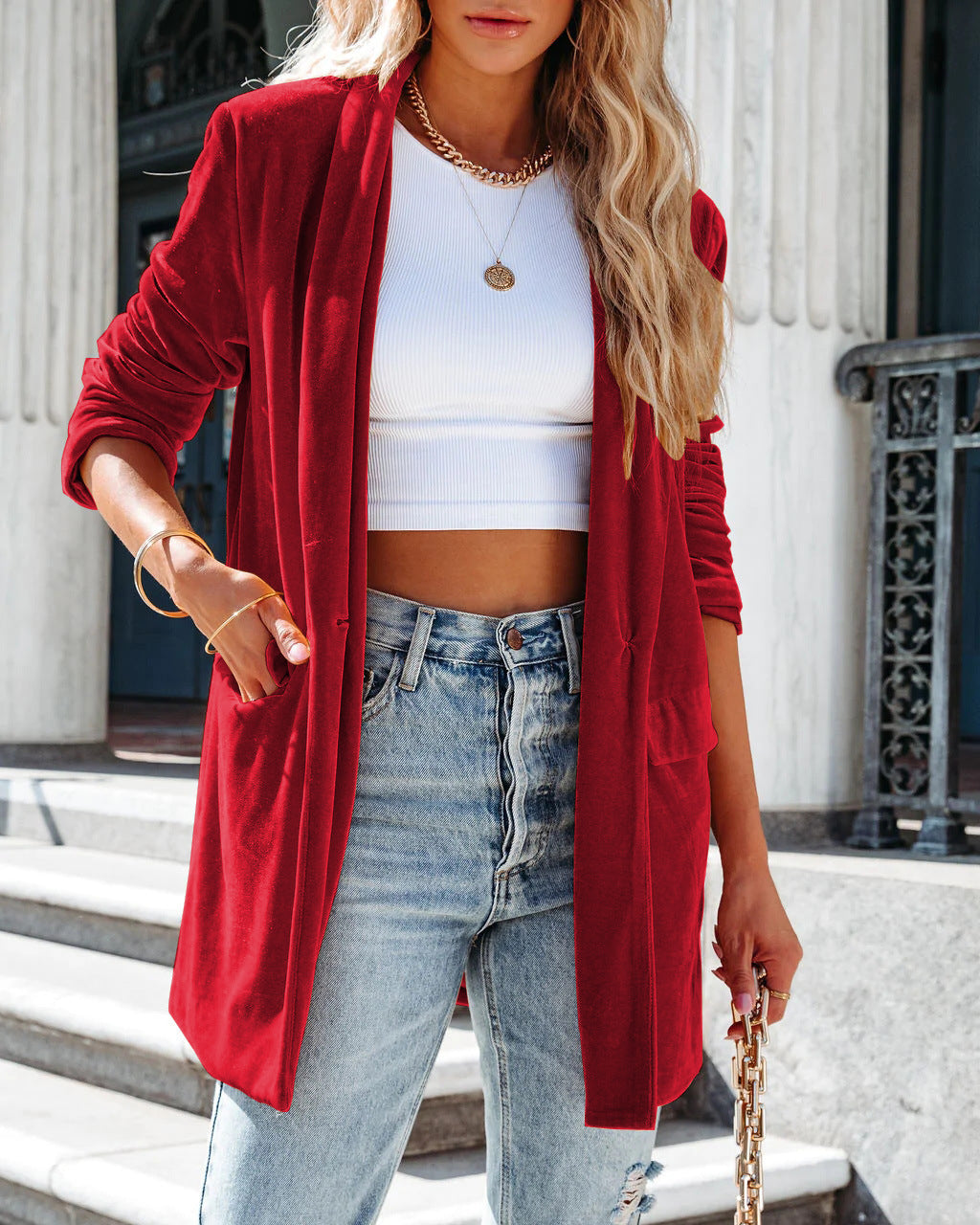 Gold Velvet Trench Coat Long Skirt Jacket