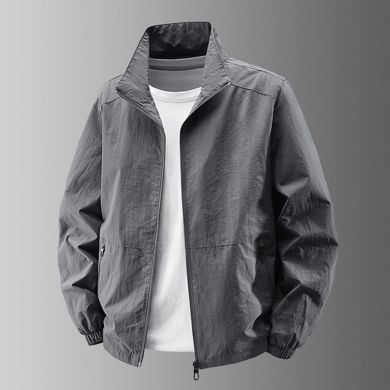 Men's Breathable Lightweight Windbreaker with Stand-up Collar, Elastic Cuffs and Concealed Zippered Pockets