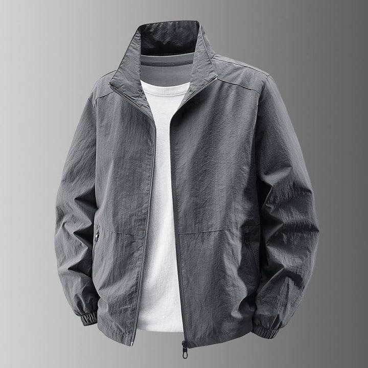 Men's Breathable Lightweight Windbreaker with Stand-up Collar, Elastic Cuffs and Concealed Zippered Pockets