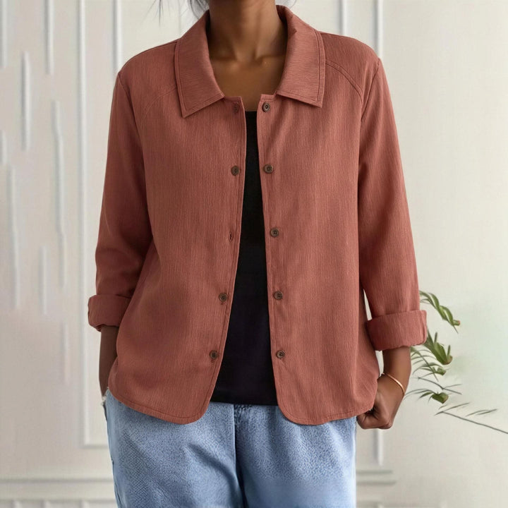 Women's Oversized Linen Shirt Jacket with Shirt Collar, 3/4 Sleeves and Continuous Button Placket