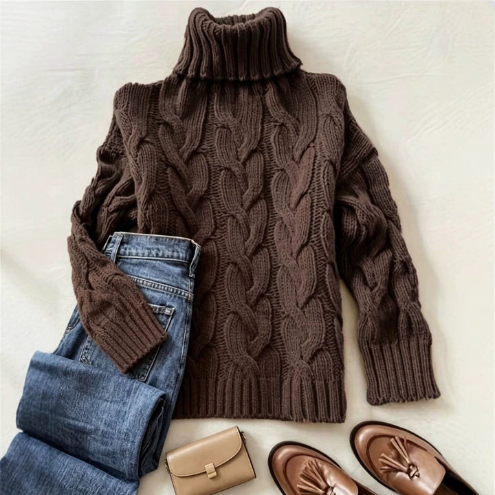 Women's Chunky Knit Turtleneck Sweater with Distinctive Cable Patterns and Ribbed Cuffs