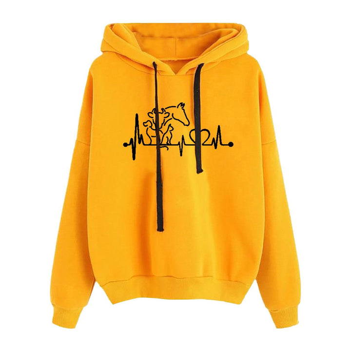 Women Light Oversized Hoodie with Heart EKG Motif, Long Cords and Elastic Cuff