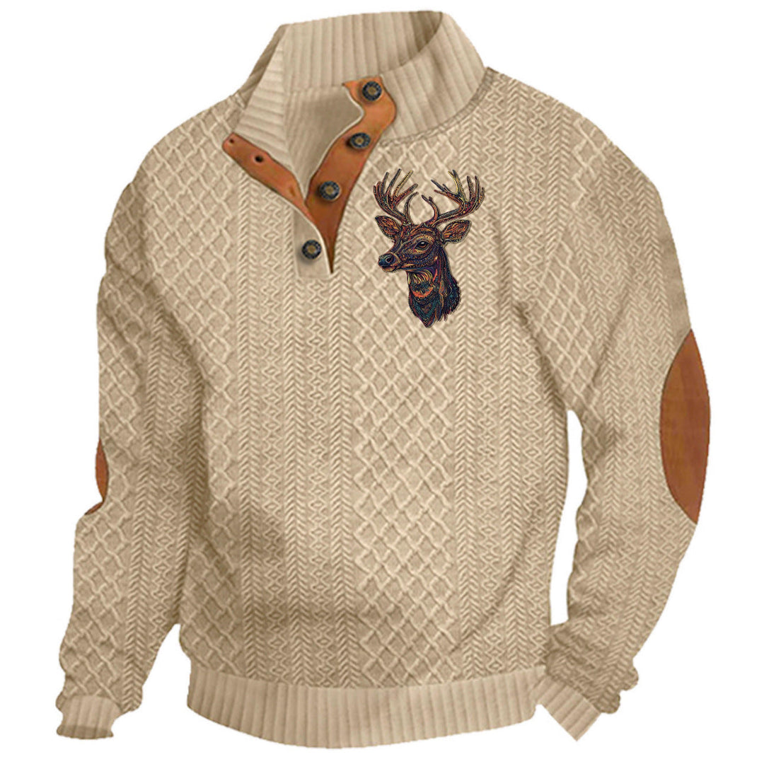 Men's Heritage Textured Pullover with Stand-up Collar Faux Leather Trim Elbow Patches and Half-button Placket