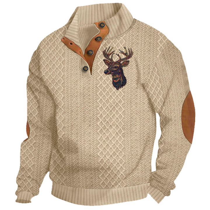 Men's Heritage Textured Pullover with Stand-up Collar Faux Leather Trim Elbow Patches and Half-button Placket