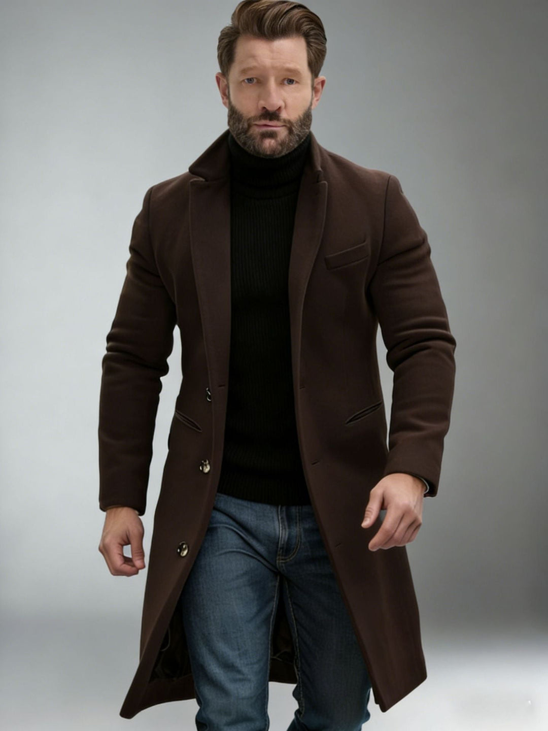 Men's Elegant Single-Breasted Long Coat made of Wool Blend with Slim Silhouette and Lapel Collar