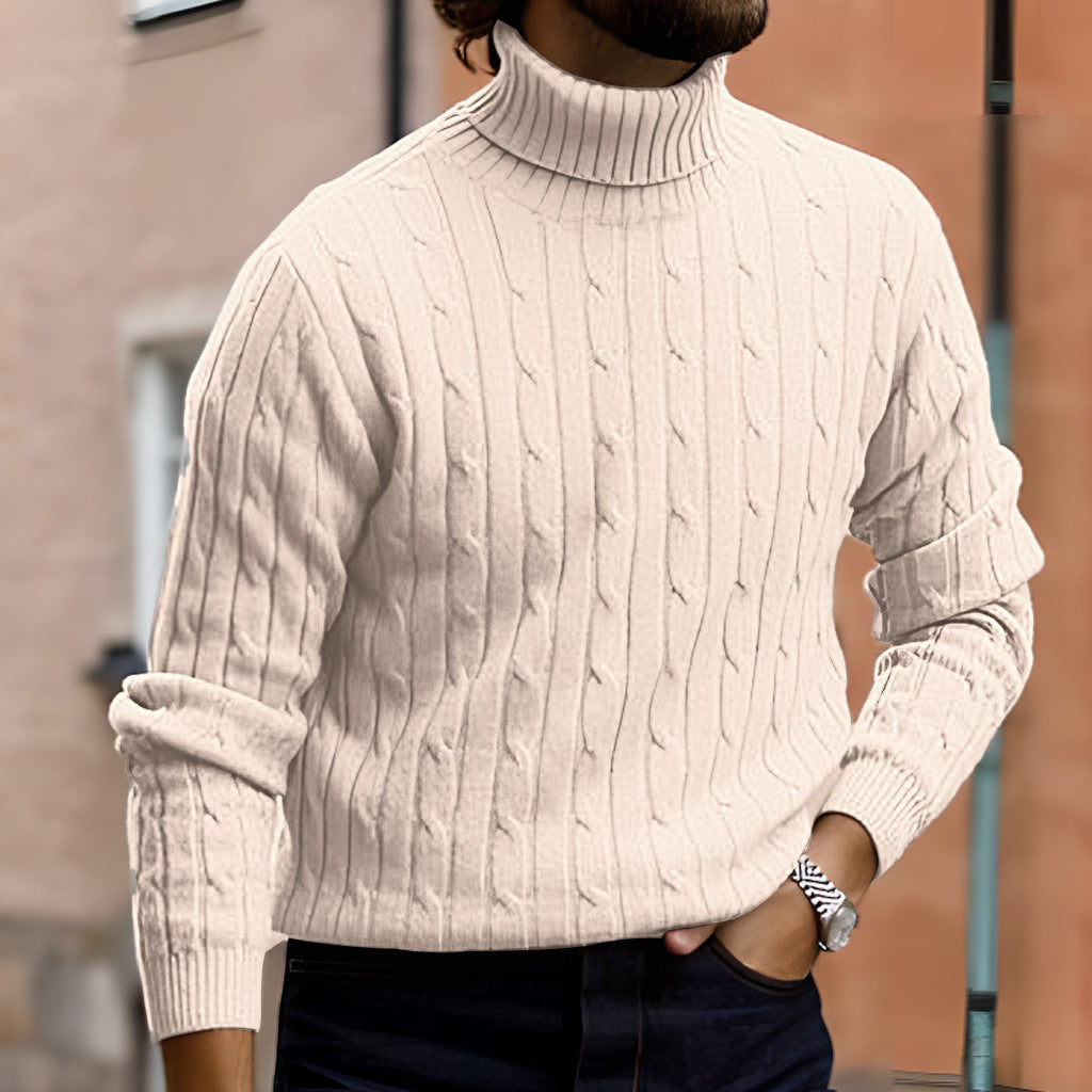 Men's Ribbed Turtleneck Sweater with Cable Knit Pattern and Form-fitting Slim-fit Silhouette
