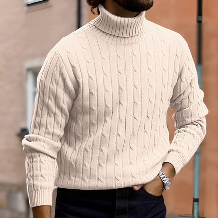 Men's Ribbed Turtleneck Sweater with Cable Knit Pattern and Form-fitting Slim-fit Silhouette