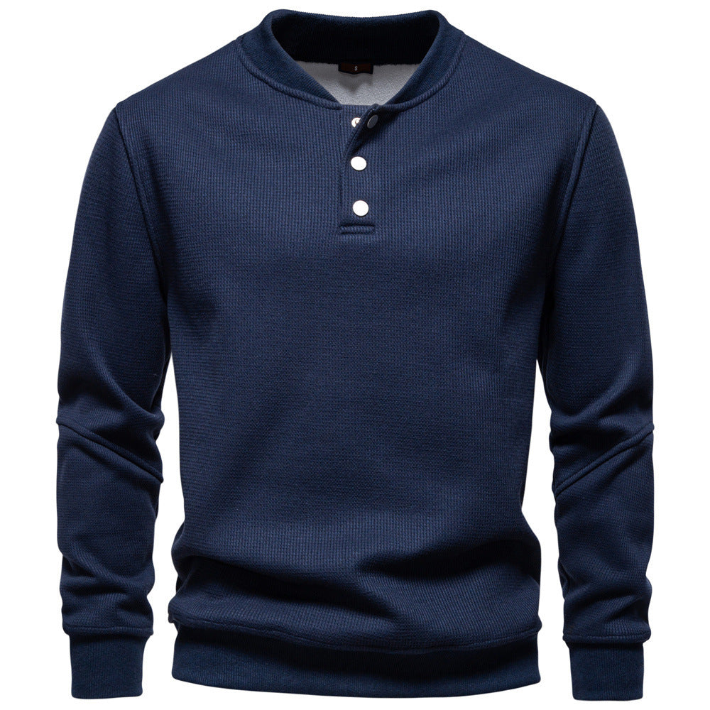 Men's Waffle Texture Henley Pullover with Short Snap Button Closure and Ribbed Cuffs