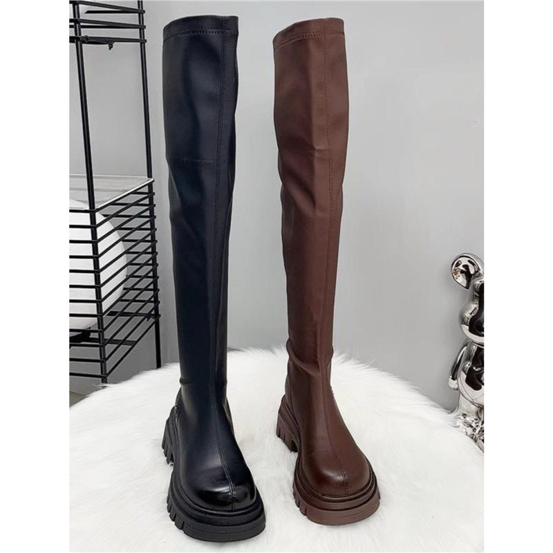 Women's Thigh-High Stretch Boots with Sleek Shaft and Shaped Platform Sole