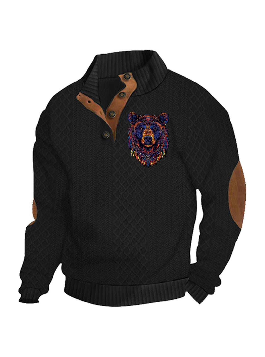 Men's Heritage Textured Pullover with Stand-up Collar Faux Leather Trim Elbow Patches and Half-button Placket