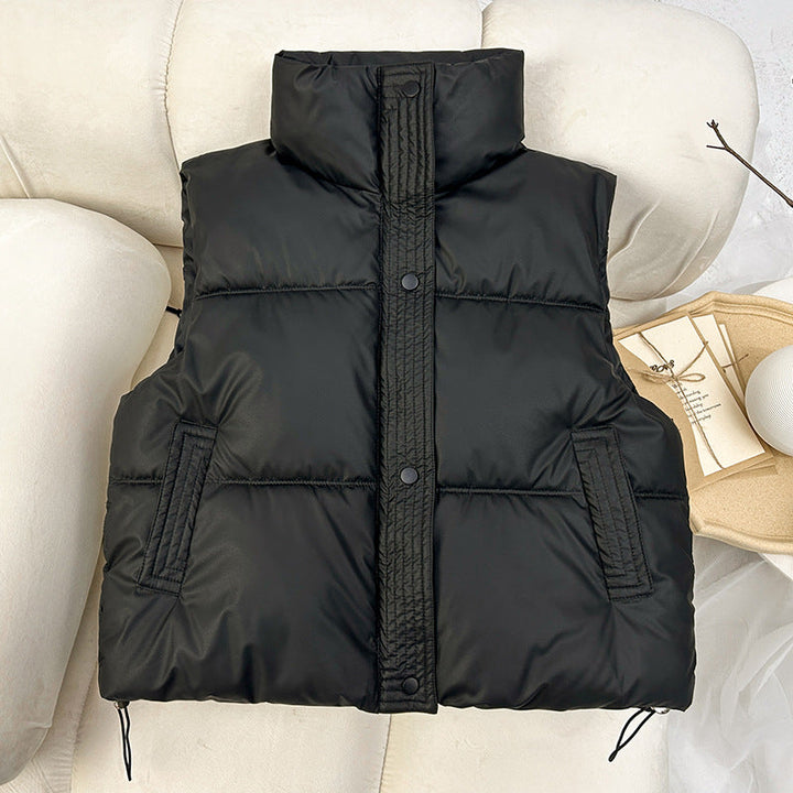 Women's Sleeveless Padded Quilted Vest with High Stand-up Collar and Drawstring