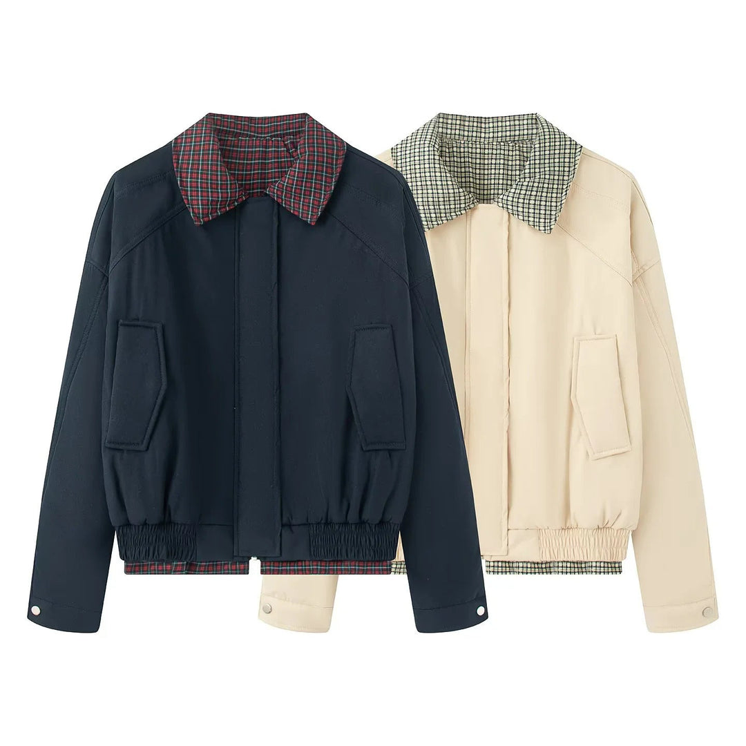 Women's Short Cut Bomber Jacket with Checked Lining, Concealed Front Placket and Patch Pockets