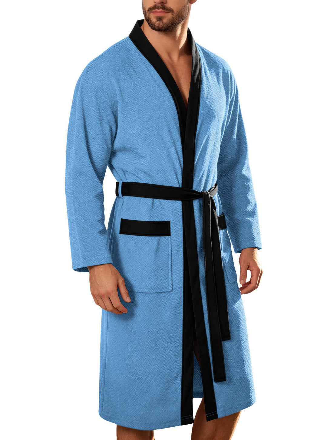 Men's Lightweight Cotton Kimono Bathrobe with Waffle Texture and Patch Pockets