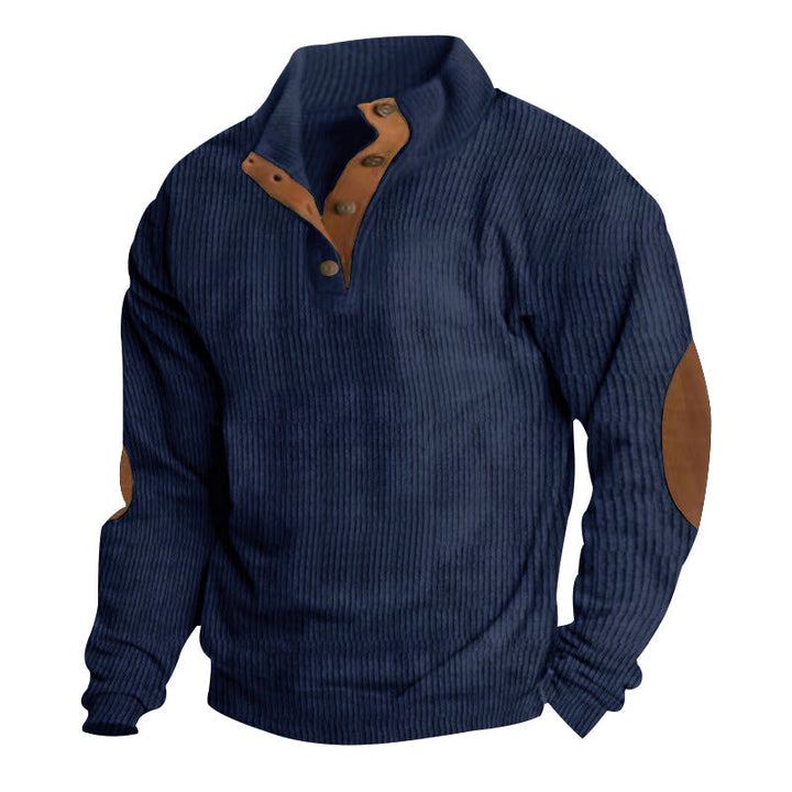 Men's Ribbed Henley Sweater with Stand Collar, Button Placket & Leather Elbow Patches