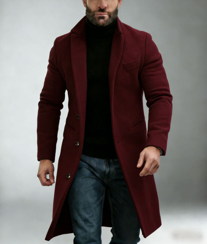 Men's Elegant Single-Breasted Long Coat made of Wool Blend with Slim Silhouette and Lapel Collar