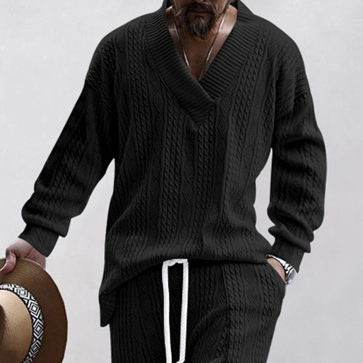 Men's Oversize Cable Knit Long Sweater with Deep V-Neck and Matching Knit Pants