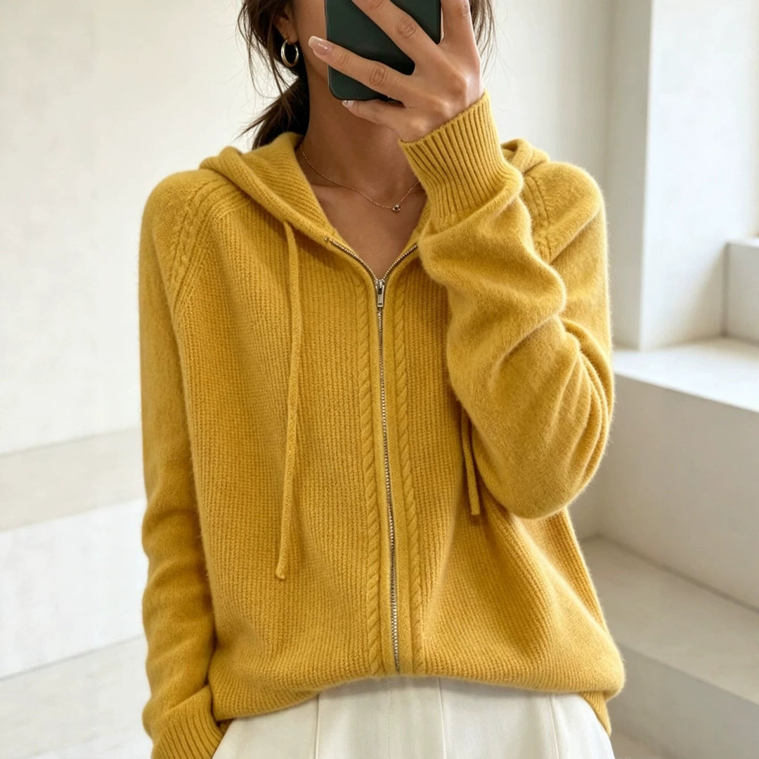 Women's Hooded Cardigan with Zipper, Fine Knit and Ribbed Cuffs
