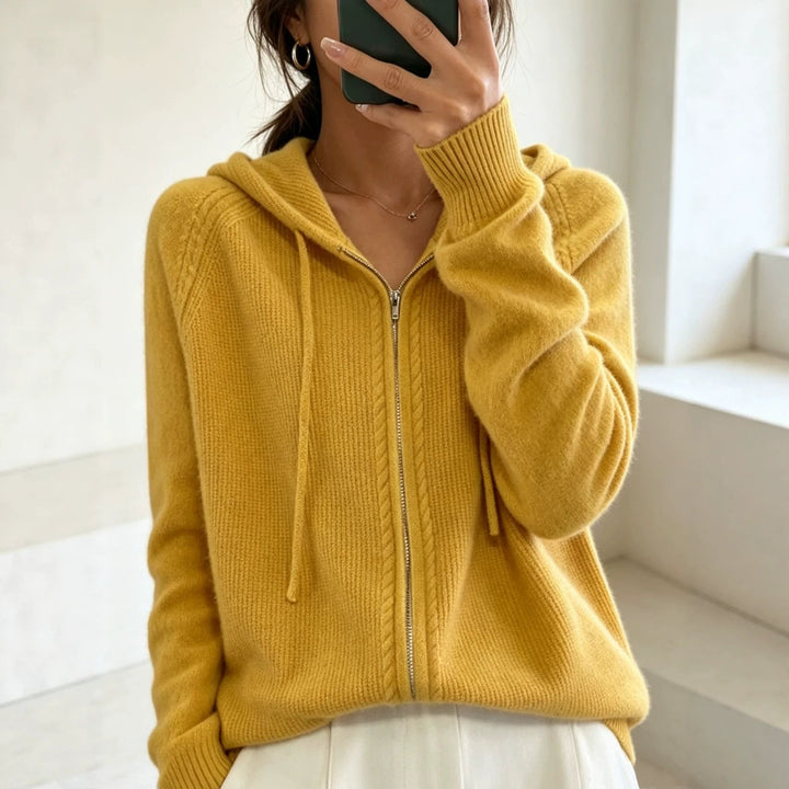Women's Hooded Cardigan with Zipper, Fine Knit and Ribbed Cuffs