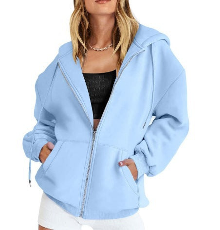 Women's Oversized Zip Hoodie with Contrasting Zipper, Double-layered Hood and Kangaroo Pocket