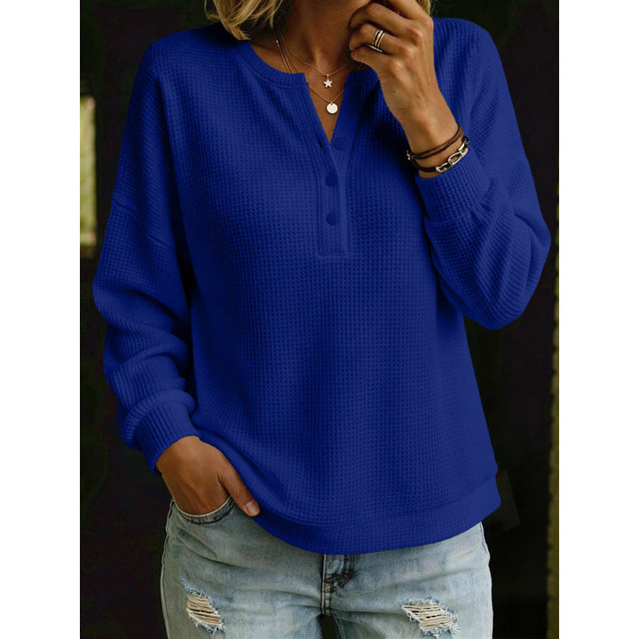Women's Waffle Knit Henley Sweater with Oversized Cut