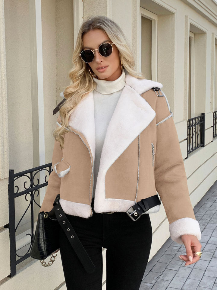 Women's Fashionable Jacket with Faux Fur Collar and Belt