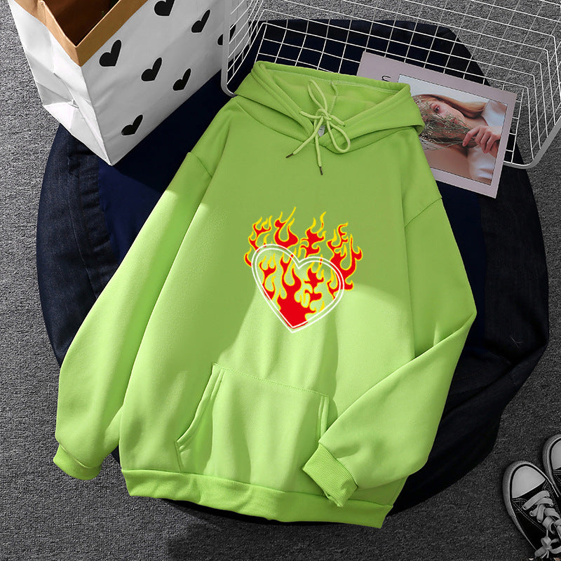 Women Light Oversized Hoodie with Heart EKG Motif, Long Cords and Elastic Cuff