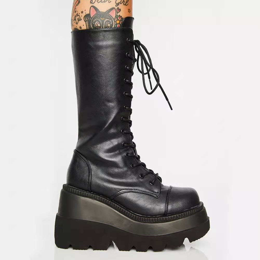 Women's High-Quality Lace-Up Boots with Platform Heel and Side Zipper