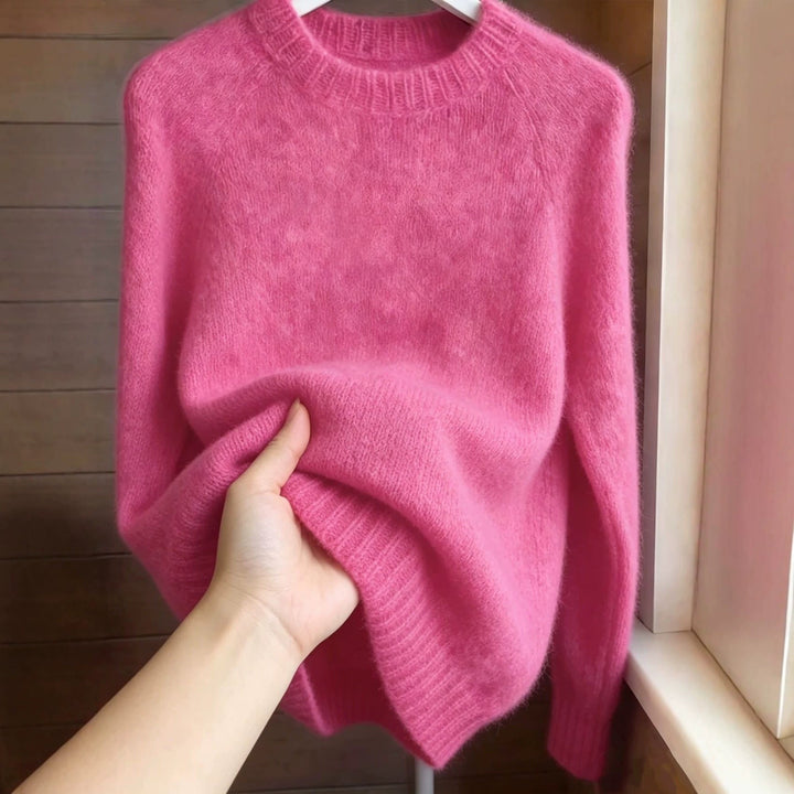 Women's Oversized Mohair-Mix Crew Neck Sweater with Raglan Sleeves and Ribbed Hem