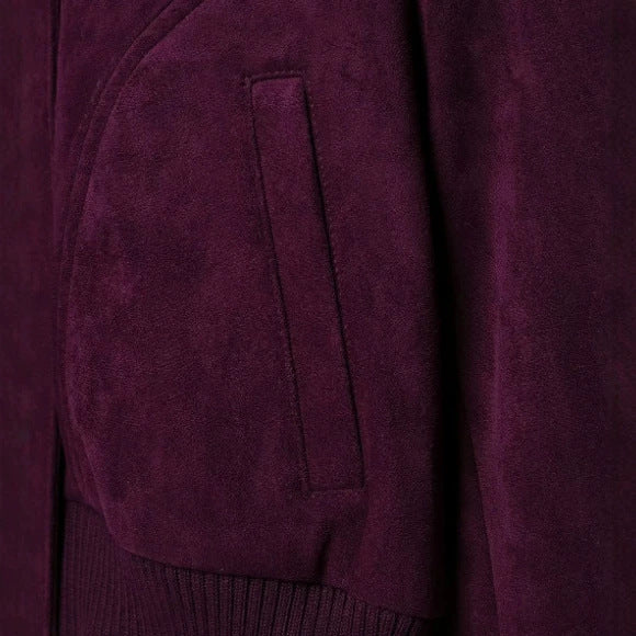 Women's Short Suede Bomber Jacket with High Ribbed Collar, Elastic Hem and Patch Pockets