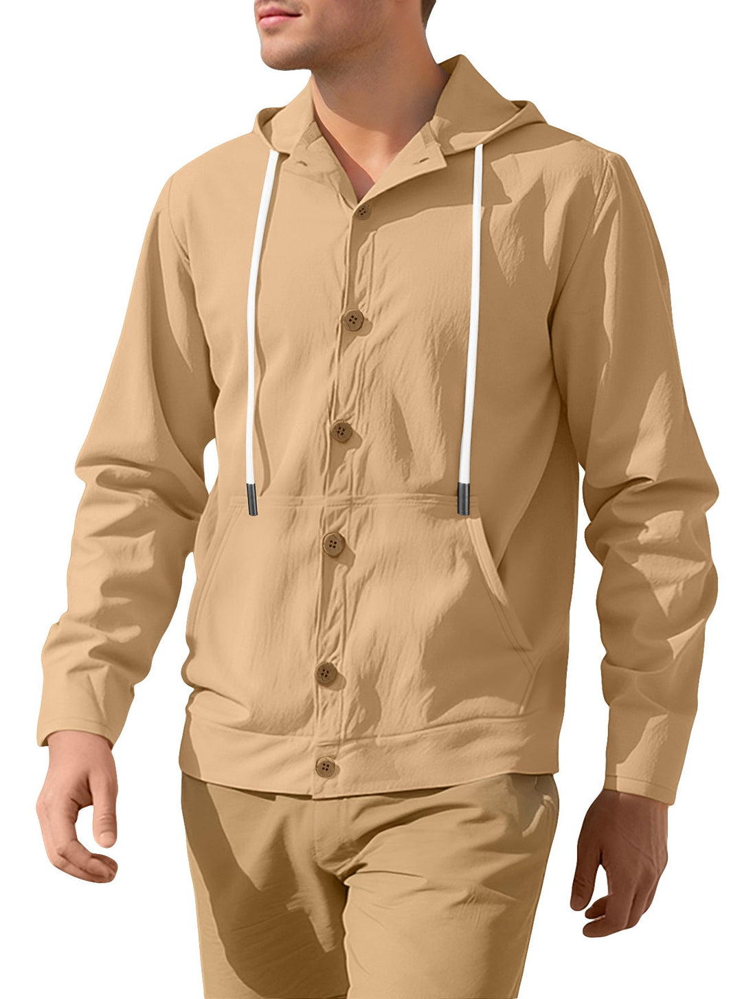 Men's Slim-fit Hoodie Cardigan with Full Button Placket, Mounted Kangaroo Pocket, and Lightweight Structured Knit