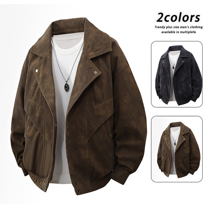 Men's Nano Oversized Cord Jacket with Wide Lapel, Zipper Pockets, and Elastic Hem