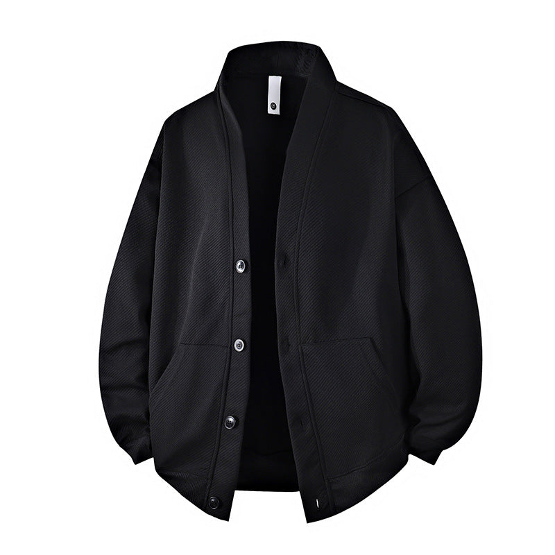 Men's Structured Knit Cardigan Jacket with Continuous Button Placket and Patch Pockets