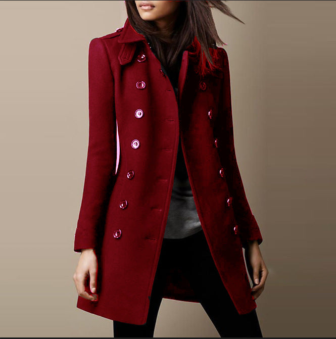 Women's Tailored Double-breasted Wool Coat with Belt Cuffs