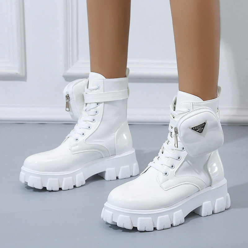 Women's Lace-up Mid-calf Boot in Utility Style with Detachable Mini Pouch and Platform Profile Sole