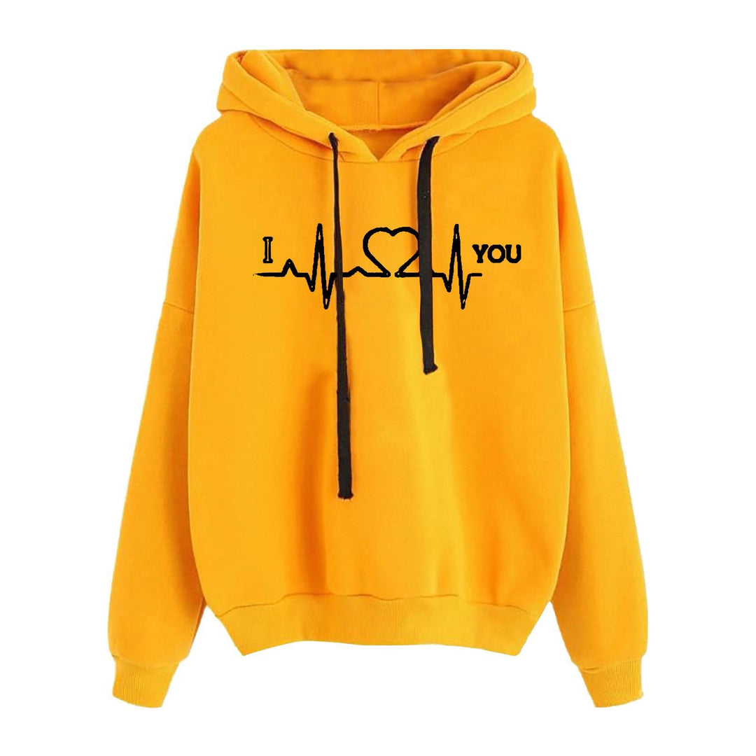 Women Light Oversized Hoodie with Heart EKG Motif, Long Cords and Elastic Cuff