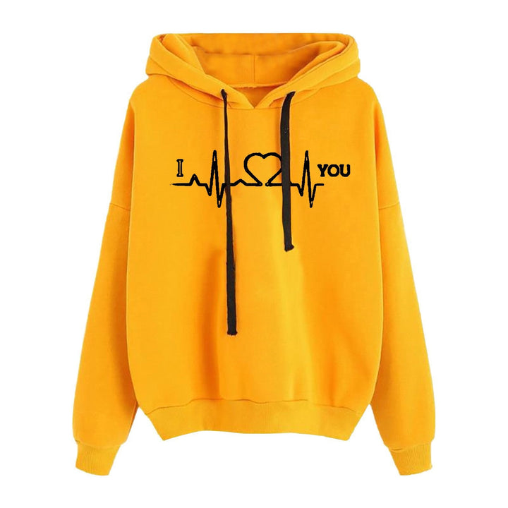 Women Light Oversized Hoodie with Heart EKG Motif, Long Cords and Elastic Cuff