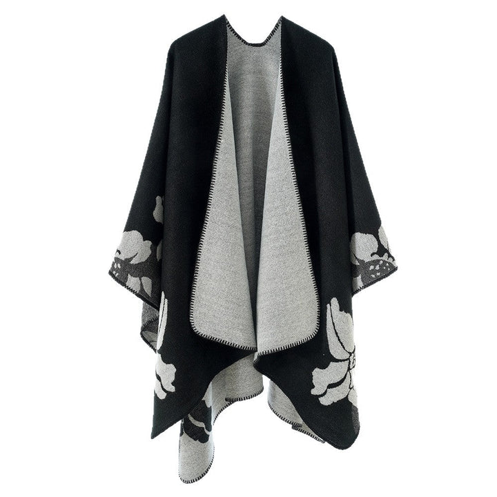 Women's Reversible Wool Blend Cape with Floral Jacquard and Open Draping