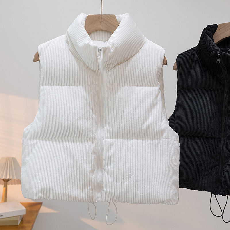Women's Padded Cord Quilted Vest with Stand-up Collar and Drawstring