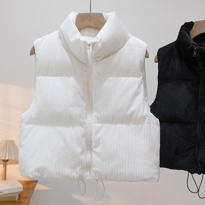 Women's Padded Cord Quilted Vest with Stand-up Collar and Drawstring