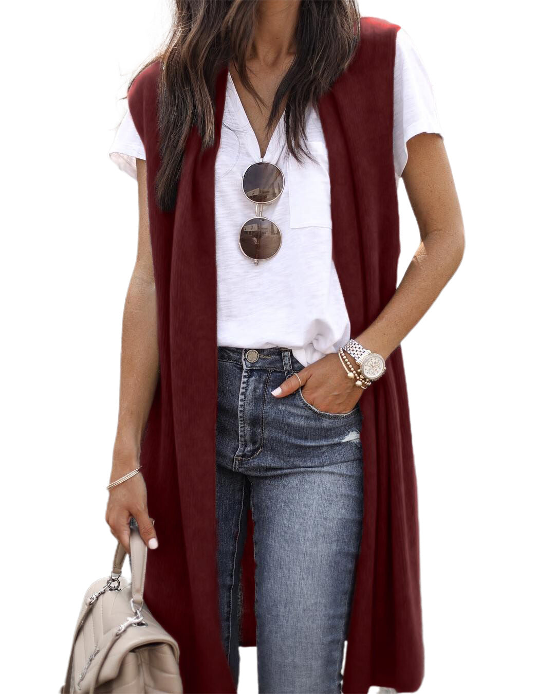 Women's Knit Vest in a Casual Oversized Design with Open Fronts and Short Sleeve Length