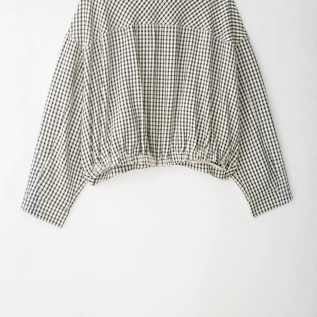 Women's Cropped Blouson Jacket in Boxy Cut with Stand Collar and Fine Check Pattern