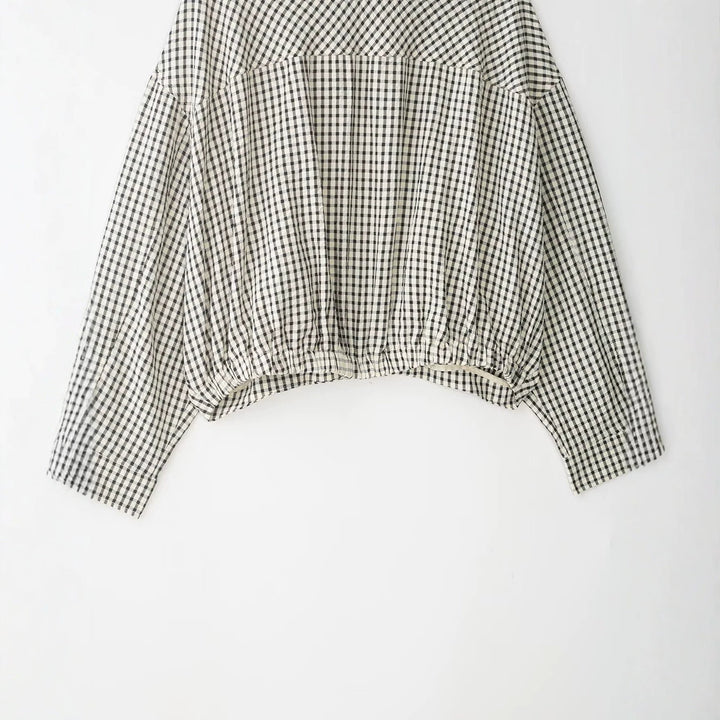 Women's Cropped Blouson Jacket in Boxy Cut with Stand Collar and Fine Check Pattern