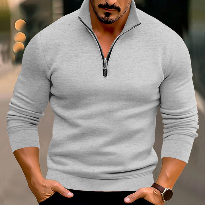 Men's Fitted Fine Knit Pullover with Short Zipper and Stand-up Collar
