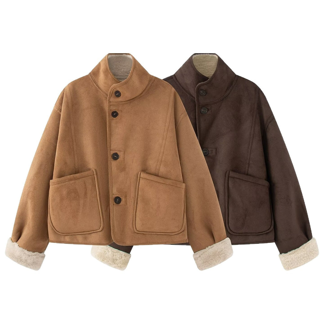 Women's Short Sheepskin Look Jacket with Stand-Up Collar and Large Patch Pockets